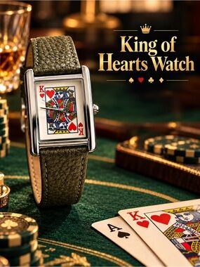 King of Hearts Tank Style Watch Playing Card Olive Green Strap